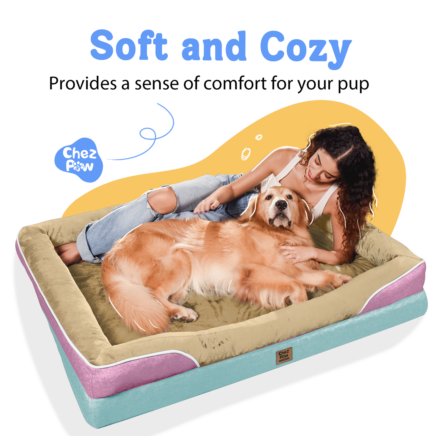 Chez Paw XXL Orthopedic Dog Bed for Extra Large Dogs, Extra Thick Egg-Crate Foam Waterproof Pet Couch with Removable Washable Cover, 4-Sided Bolster & Non-Slip Bottom, Ivory Pink 45"x35"x7.5"