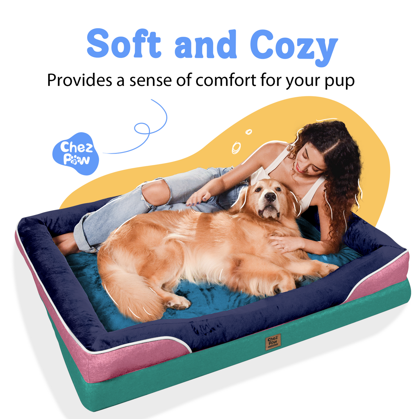 Chez Paw XXL Orthopedic Dog Bed for Extra Large Dogs, Extra Thick Egg-Crate Foam Waterproof Pet Couch with Removable Washable Cover, 4-Sided Bolster & Non-Slip Bottom, Navy Blush 45"x35"x7.5"