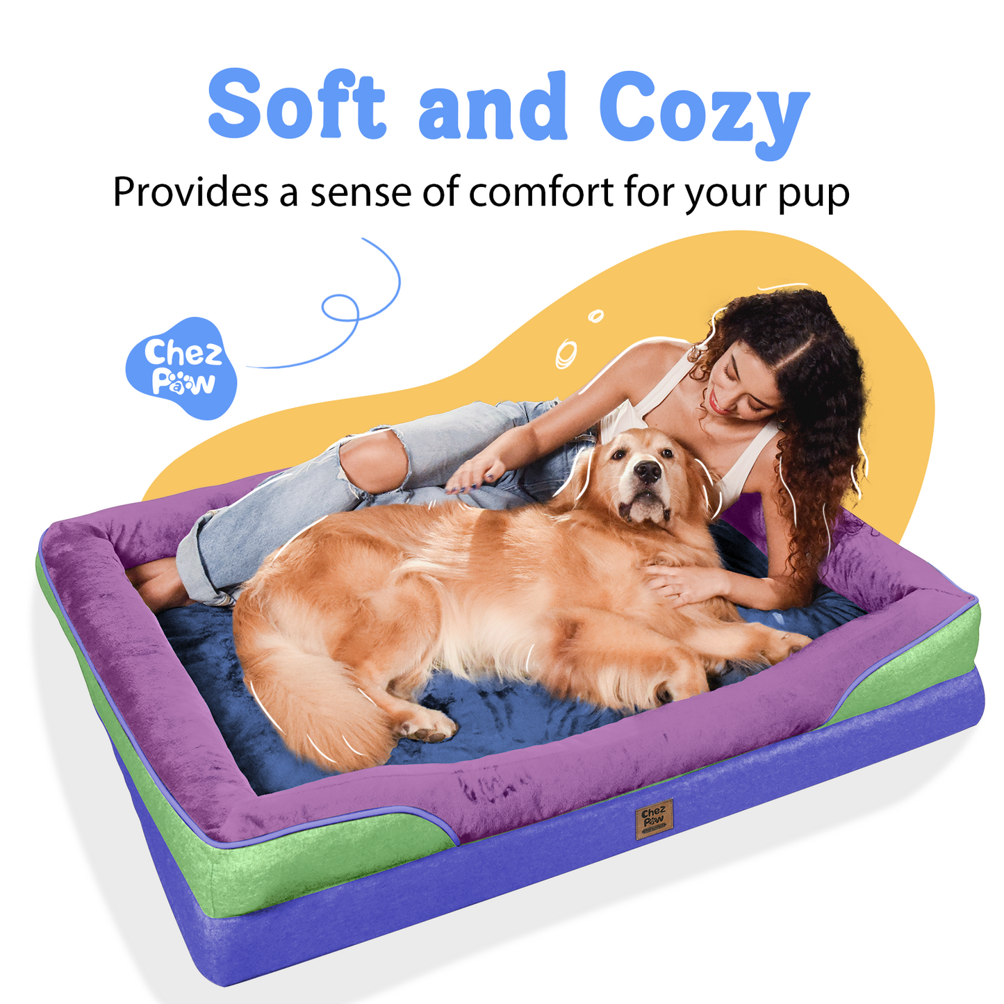 Chez Paw XXL Orthopedic Dog Bed for Extra Large Dogs, Extra Thick Egg-Crate Foam Waterproof Pet Couch with Removable Washable Cover, 4-Sided Bolster & Non-Slip Bottom, Lavender Blue 45"x35"x7.5"