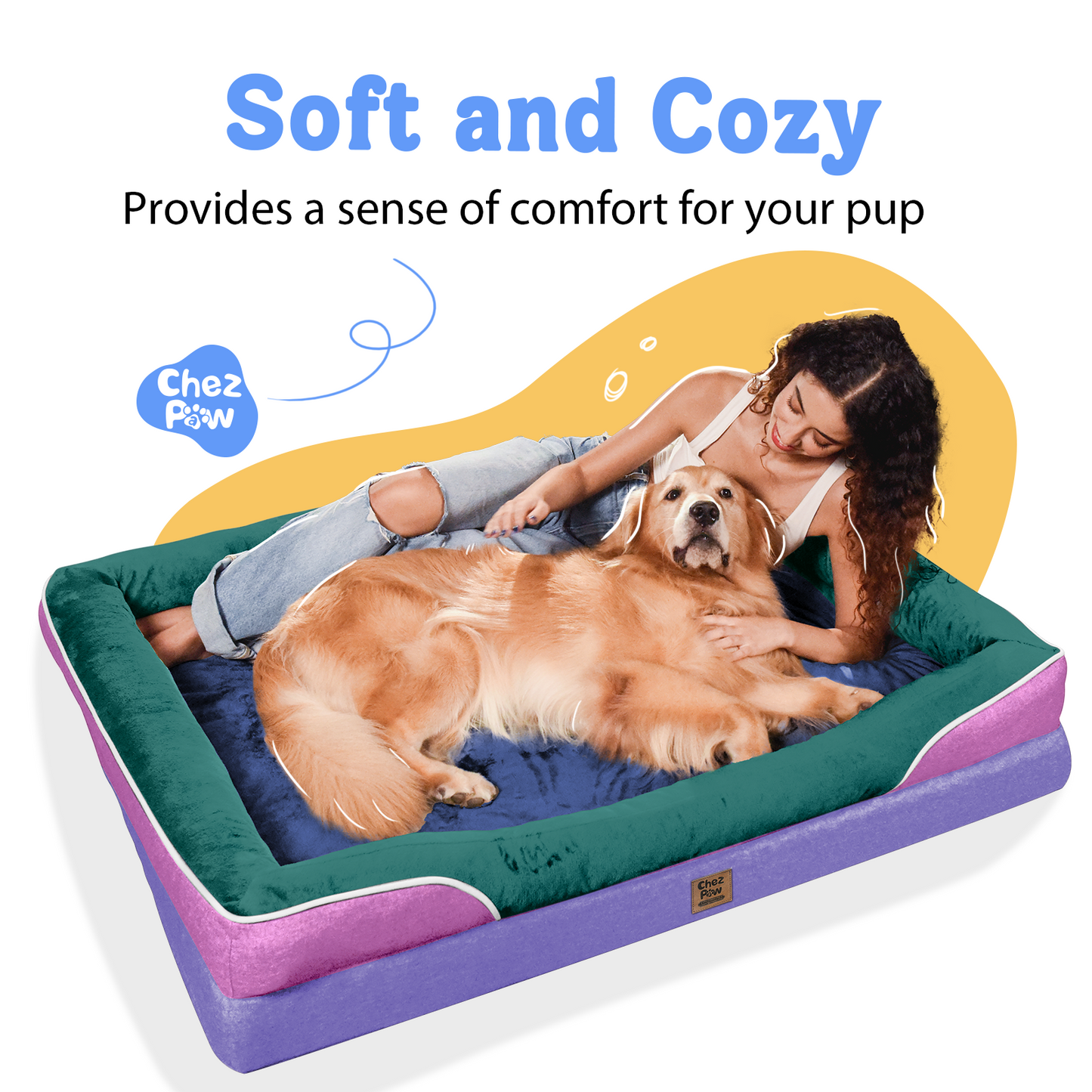 Chez Paw XXL Orthopedic Dog Bed for Extra Large Dogs, Extra Thick Egg-Crate Foam Waterproof Pet Couch with Removable Washable Cover, 4-Sided Bolster & Non-Slip Bottom, Sage Lavender 45"x35"x7.5"