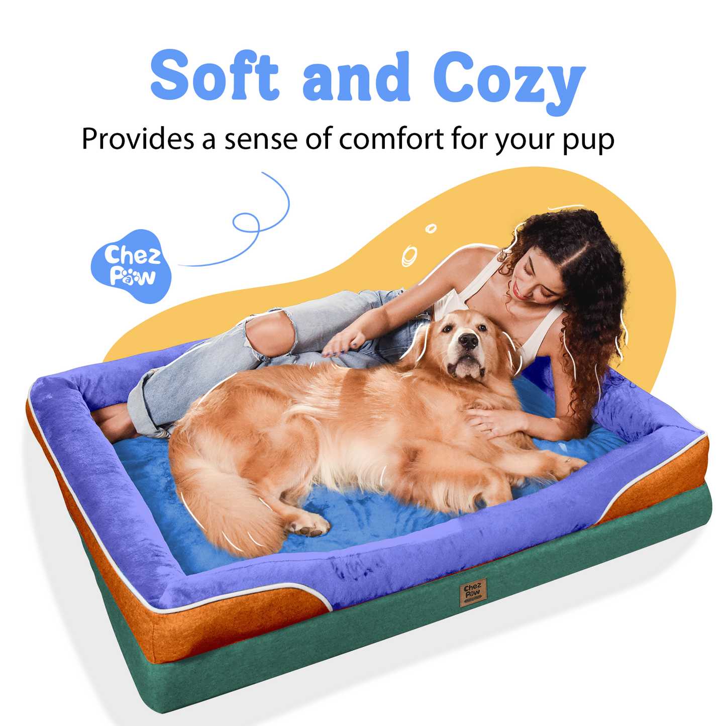 Chez Paw Large Orthopedic Dog Bed for Extra Large Dogs, Waterproof XL Egg-Crate Foam Dog Bed with Removable Washable Cover & Non-Slip Bottom, 4-Sided Bolster Support, Navy Orange 42"x30"x7.5"