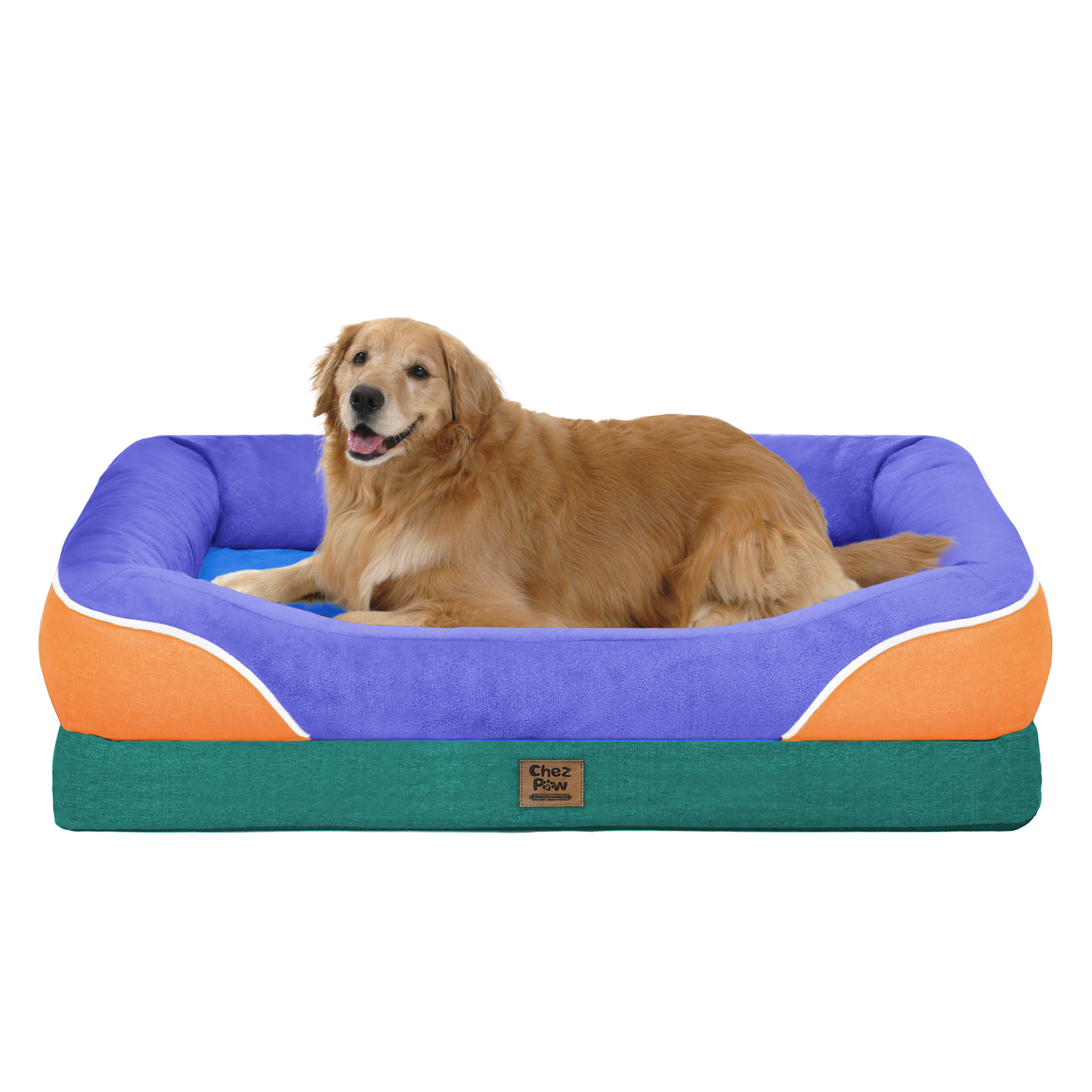 Chez Paw Large Orthopedic Dog Bed for Extra Large Dogs, Waterproof XL Egg-Crate Foam Dog Bed with Removable Washable Cover & Non-Slip Bottom, 4-Sided Bolster Support, Navy Orange 42"x30"x7.5"