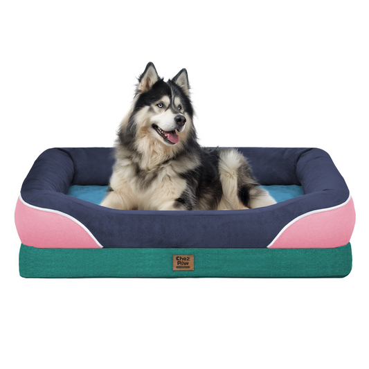Chez Paw XXL Orthopedic Dog Bed for Extra Large Dogs, Extra Thick Egg-Crate Foam Waterproof Pet Couch with Removable Washable Cover, 4-Sided Bolster & Non-Slip Bottom, Navy Blush 45"x35"x7.5"